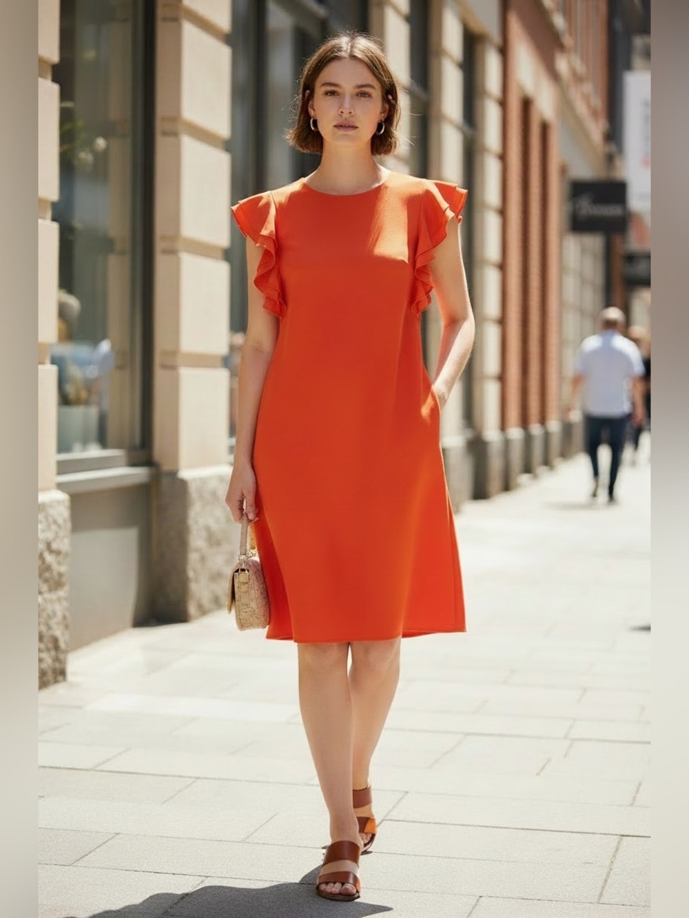 Tommy Hilfiger Orange Ruffle-Sleeve Midi Dress